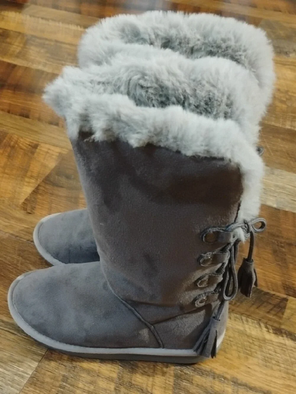 Girls 1M Rampage Gray Faux Suede Mid-Calf Winter Boots with Plush Fur Cuff
